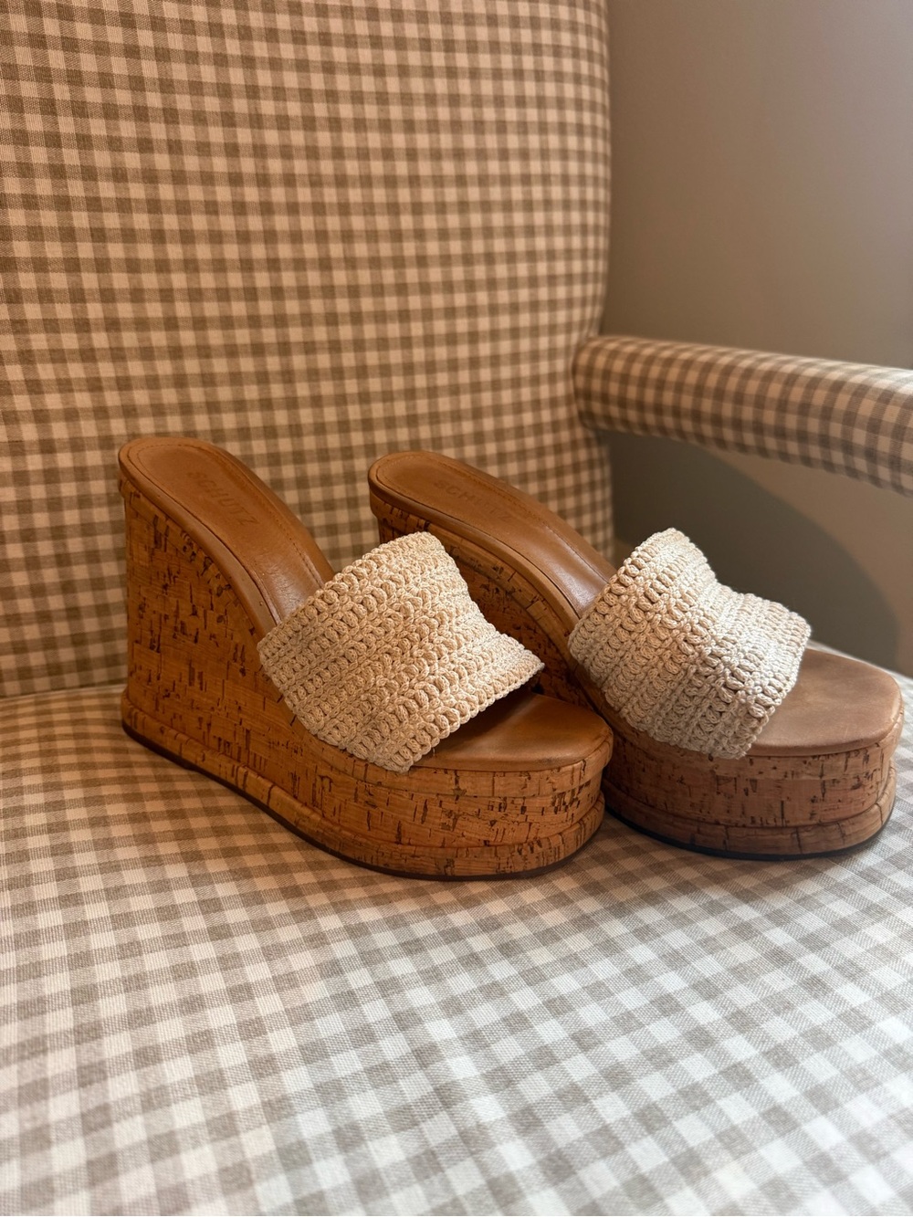 Schutz Crochet and Cork Platform Wedge Sandal
